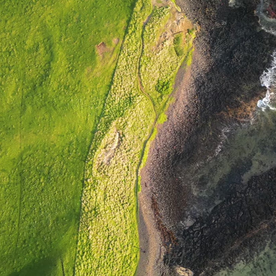 Fly down aerial view of green land meeting rocky coastline